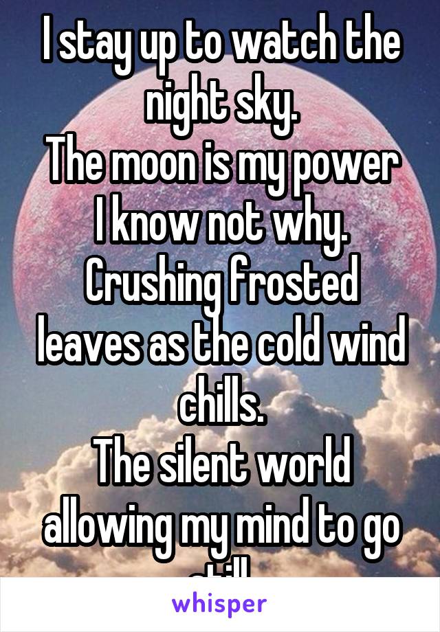 I stay up to watch the night sky.
The moon is my power I know not why.
Crushing frosted leaves as the cold wind chills.
The silent world allowing my mind to go still.