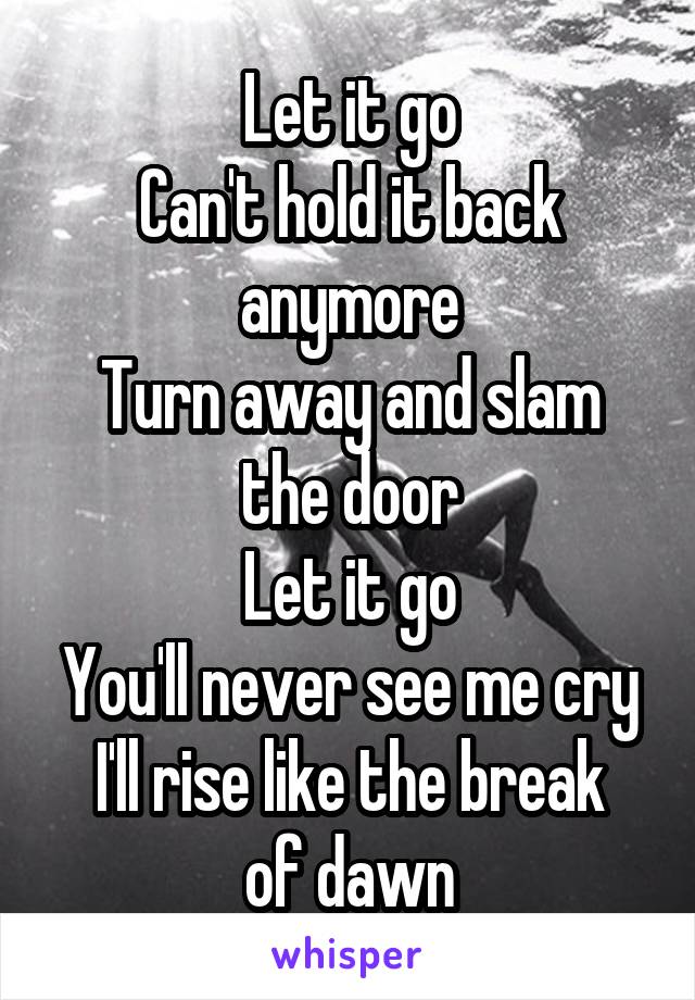 Let it go
Can't hold it back anymore
Turn away and slam the door
Let it go
You'll never see me cry
I'll rise like the break of dawn