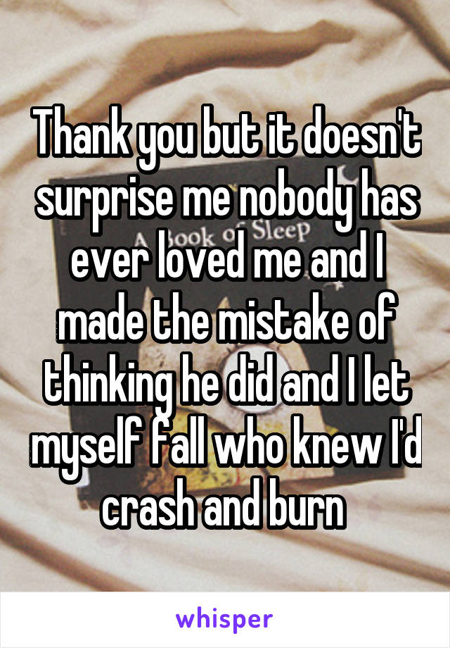 Thank you but it doesn't surprise me nobody has ever loved me and I made the mistake of thinking he did and I let myself fall who knew I'd crash and burn 