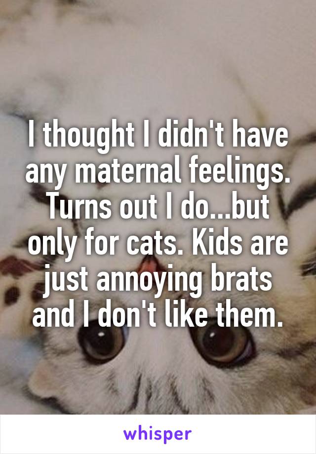 I thought I didn't have any maternal feelings. Turns out I do...but only for cats. Kids are just annoying brats and I don't like them.