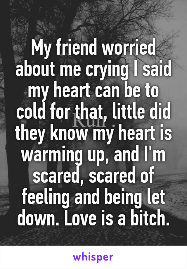 My friend worried about me crying I said my heart can be to cold for that, little did they know my heart is warming up, and I'm scared, scared of feeling and being let down. Love is a bitch.