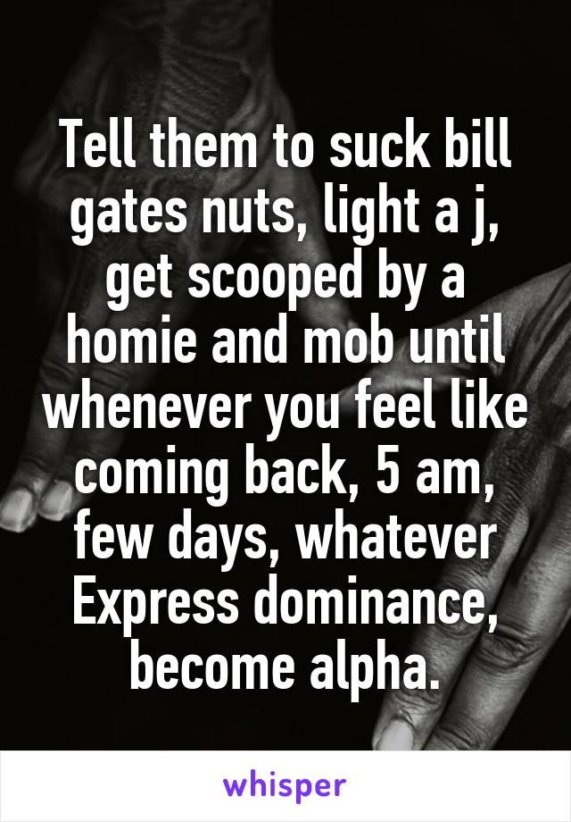 Tell them to suck bill gates nuts, light a j, get scooped by a homie and mob until whenever you feel like coming back, 5 am, few days, whatever
Express dominance, become alpha.