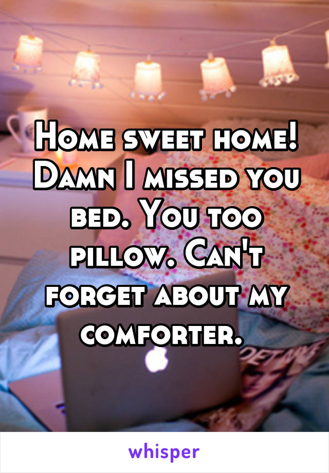 Home sweet home! Damn I missed you bed. You too pillow. Can't forget about my comforter. 