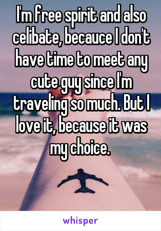 I'm free spirit and also celibate, becauce I don't have time to meet any cute guy since I'm traveling so much. But I love it, because it was my choice. 


