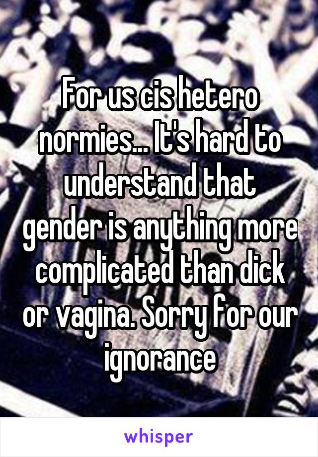 For us cis hetero normies... It's hard to understand that gender is anything more complicated than dick or vagina. Sorry for our ignorance