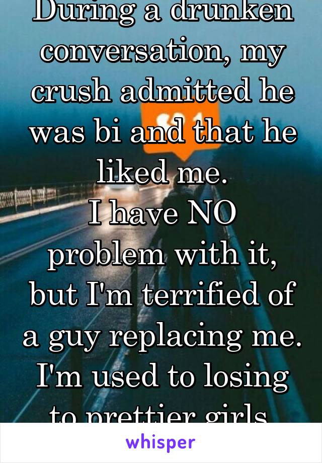 During a drunken conversation, my crush admitted he was bi and that he liked me.
I have NO problem with it, but I'm terrified of a guy replacing me. I'm used to losing to prettier girls, but..