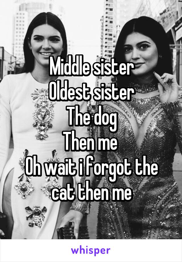 Middle sister
Oldest sister
The dog
Then me 
Oh wait i forgot the cat then me