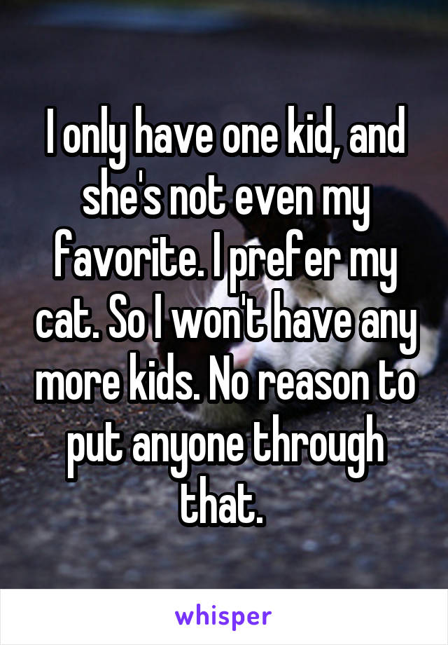 I only have one kid, and she's not even my favorite. I prefer my cat. So I won't have any more kids. No reason to put anyone through that. 