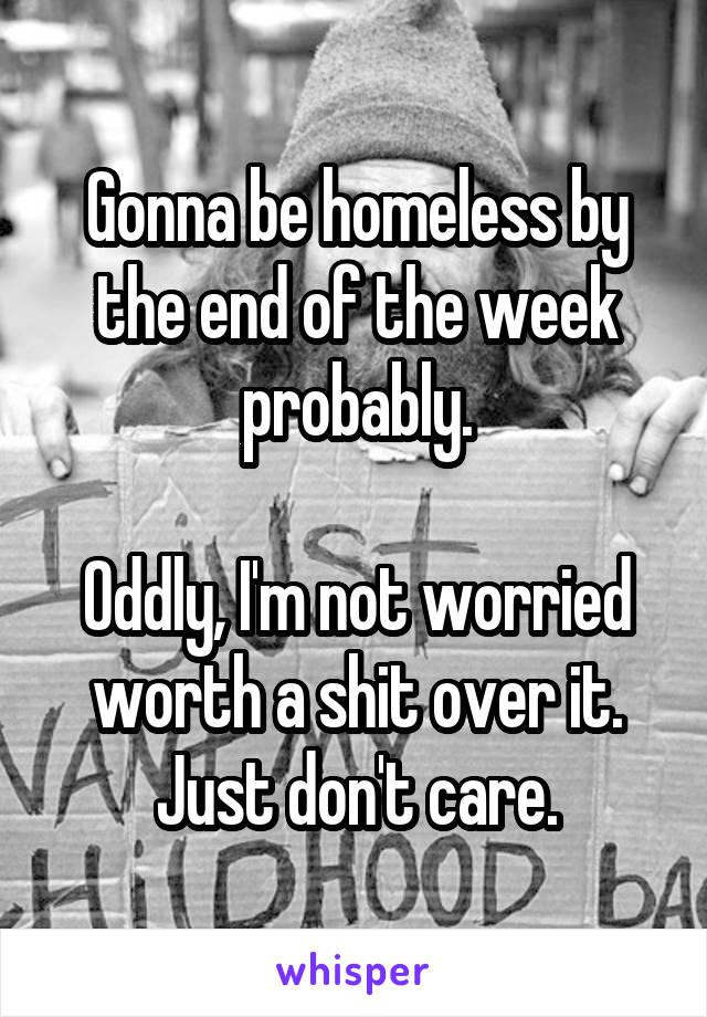 Gonna be homeless by the end of the week probably.

Oddly, I'm not worried worth a shit over it. Just don't care.