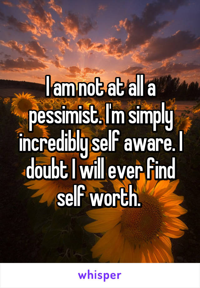 I am not at all a pessimist. I'm simply incredibly self aware. I doubt I will ever find self worth. 