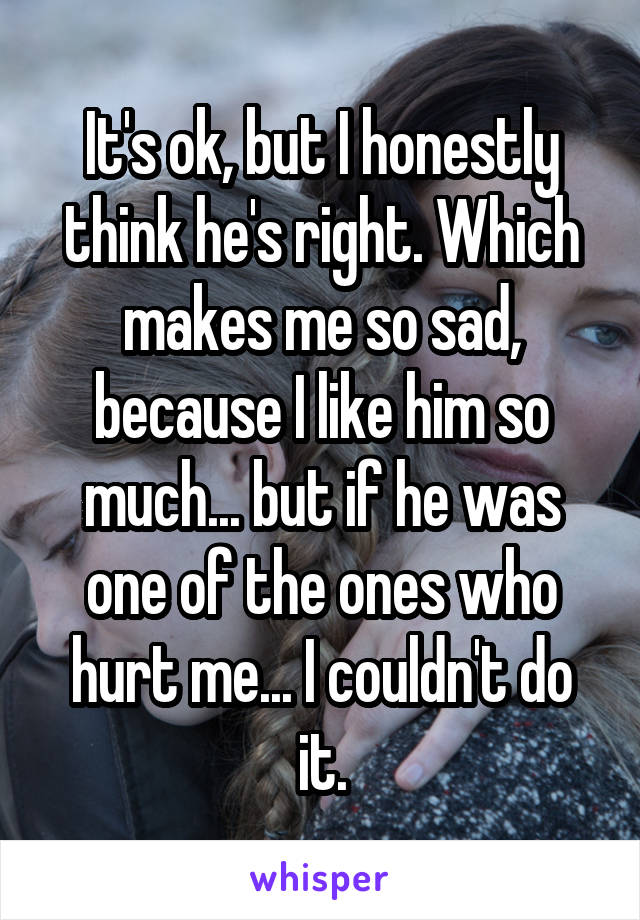 It's ok, but I honestly think he's right. Which makes me so sad, because I like him so much... but if he was one of the ones who hurt me... I couldn't do it.