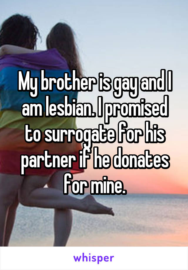 My brother is gay and I am lesbian. I promised to surrogate for his partner if he donates for mine.
