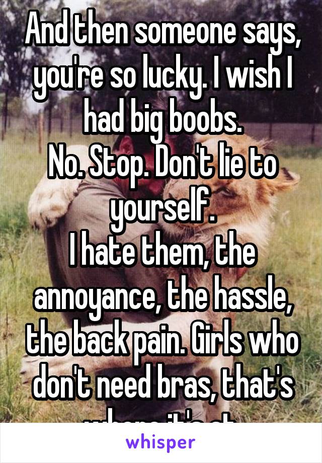 And then someone says, you're so lucky. I wish I had big boobs.
No. Stop. Don't lie to yourself.
I hate them, the annoyance, the hassle, the back pain. Girls who don't need bras, that's where it's at.