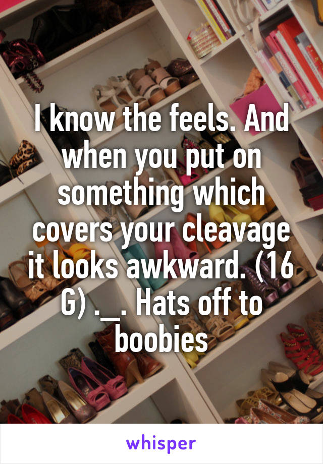 I know the feels. And when you put on something which covers your cleavage it looks awkward. (16 G) ._. Hats off to boobies