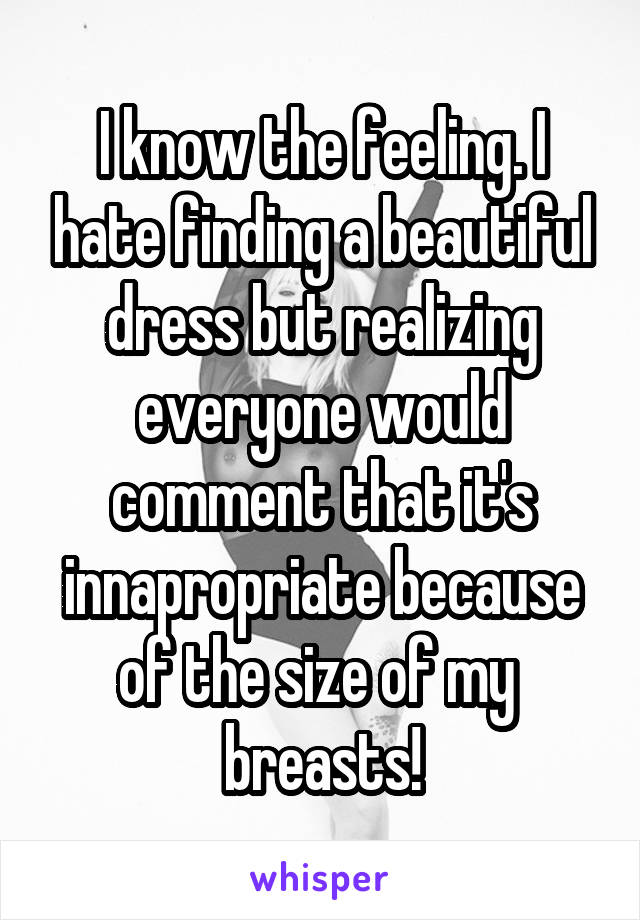 I know the feeling. I hate finding a beautiful dress but realizing everyone would comment that it's innapropriate because of the size of my  breasts!