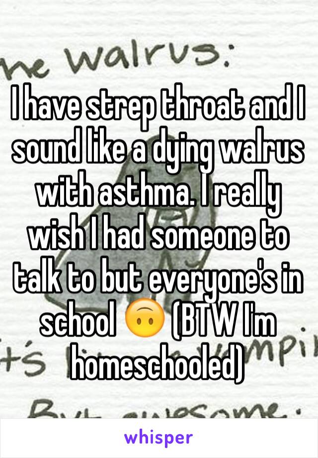I have strep throat and I sound like a dying walrus with asthma. I really wish I had someone to talk to but everyone's in school 🙃 (BTW I'm homeschooled)