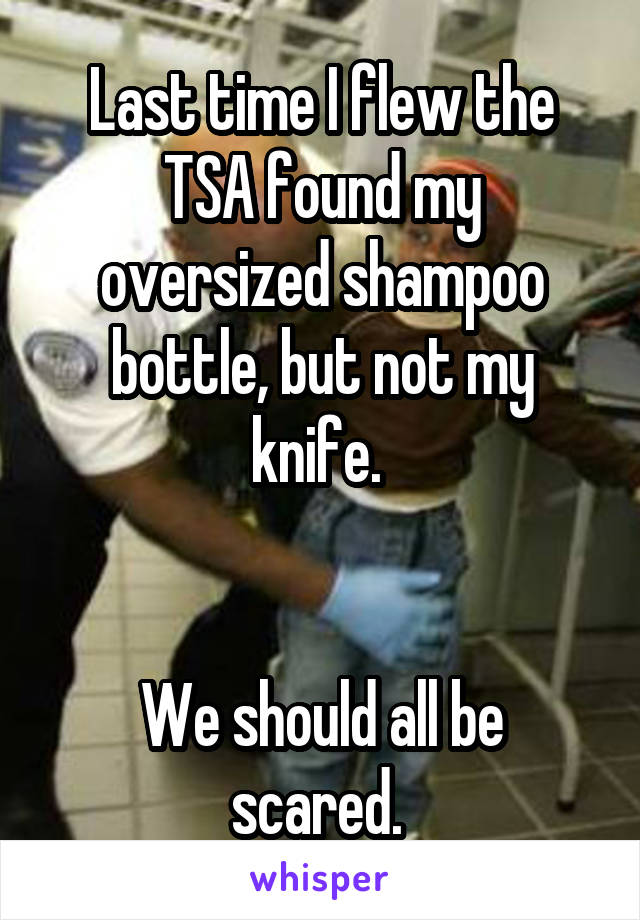 Last time I flew the TSA found my oversized shampoo bottle, but not my knife. 


We should all be scared. 