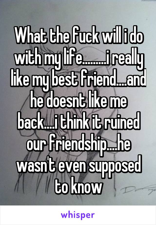 What the fuck will i do with my life.........i really like my best friend....and he doesnt like me back....i think it ruined our friendship....he wasn't even supposed to know