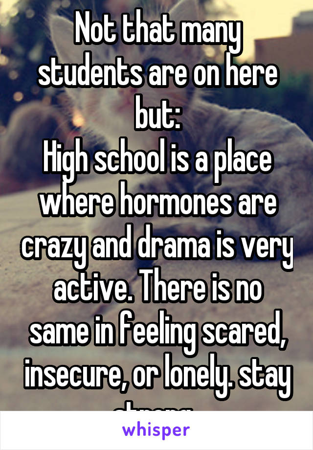 Not that many students are on here but:
High school is a place where hormones are crazy and drama is very active. There is no same in feeling scared, insecure, or lonely. stay strong. 