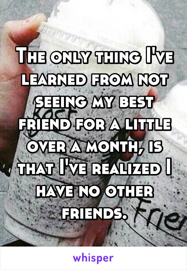 The only thing I've learned from not seeing my best friend for a little over a month, is that I've realized I have no other friends.