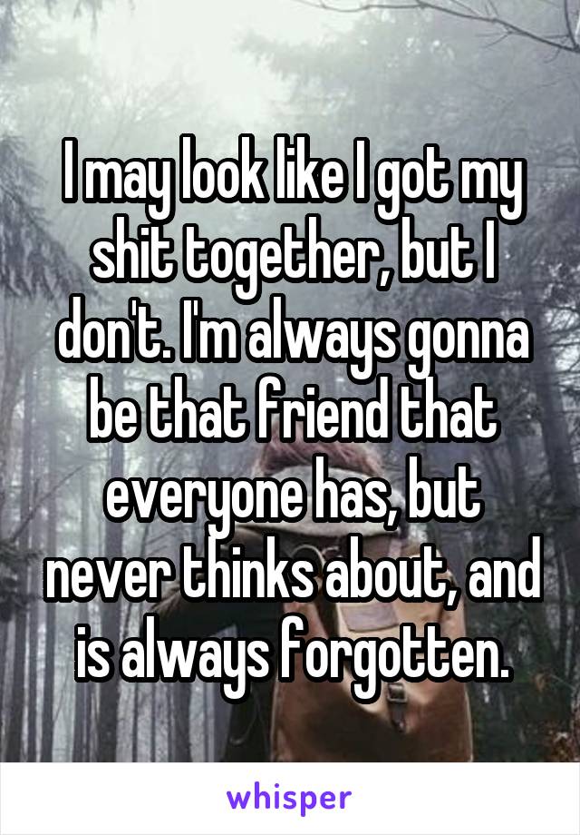 I may look like I got my shit together, but I don't. I'm always gonna be that friend that everyone has, but never thinks about, and is always forgotten.