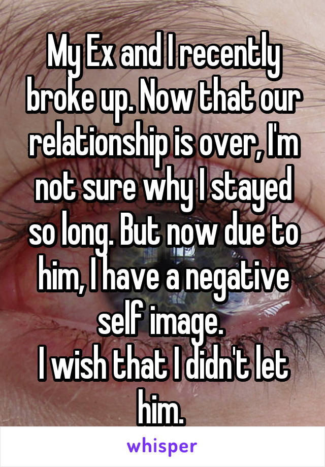 My Ex and I recently broke up. Now that our relationship is over, I'm not sure why I stayed so long. But now due to him, I have a negative self image. 
I wish that I didn't let him. 