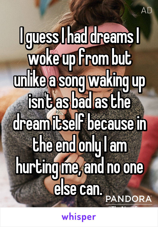 I guess I had dreams I woke up from but unlike a song waking up isn't as bad as the dream itself because in the end only I am hurting me, and no one else can. 