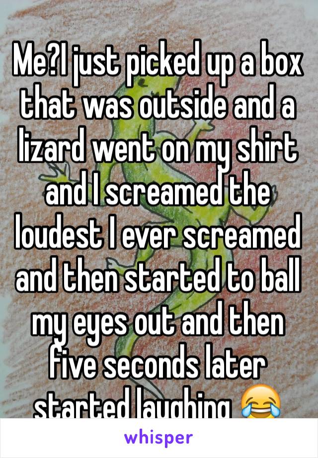 Me?I just picked up a box that was outside and a lizard went on my shirt and I screamed the loudest I ever screamed and then started to ball my eyes out and then five seconds later started laughing 😂