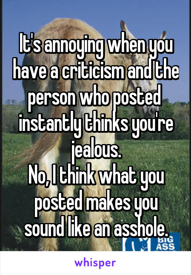 It's annoying when you have a criticism and the person who posted  instantly thinks you're jealous.
No, I think what you posted makes you sound like an asshole.