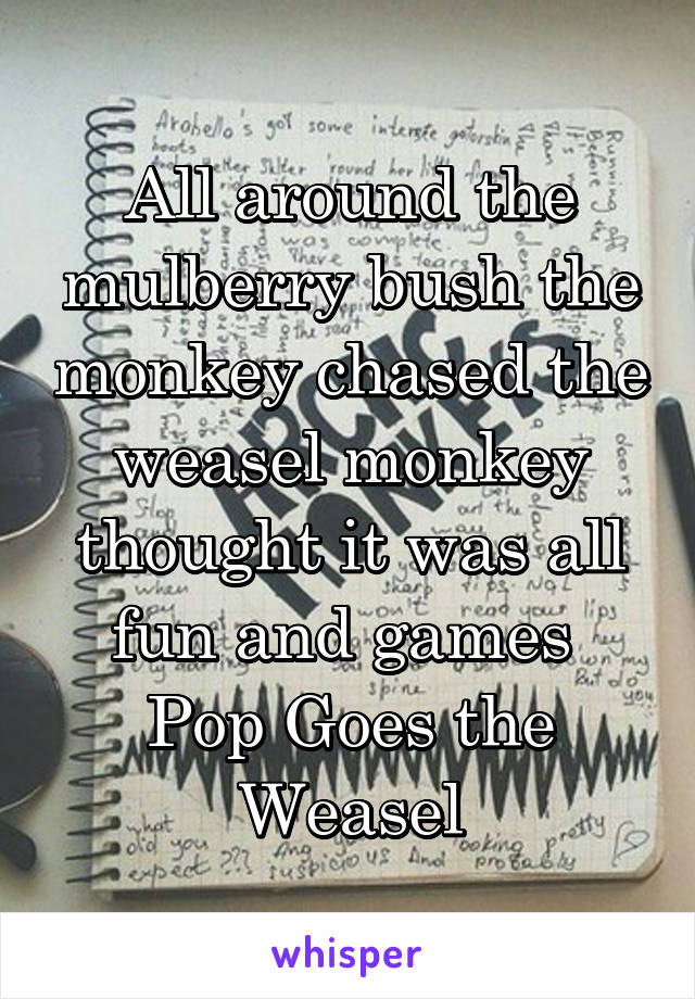 All around the mulberry bush the monkey chased the weasel monkey thought it was all fun and games 
Pop Goes the Weasel