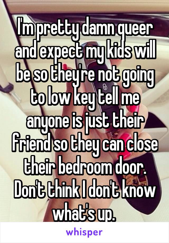 I'm pretty damn queer and expect my kids will be so they're not going to low key tell me anyone is just their friend so they can close their bedroom door. Don't think I don't know what's up. 