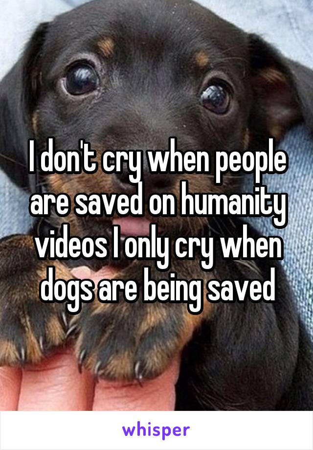 I don't cry when people are saved on humanity videos I only cry when dogs are being saved