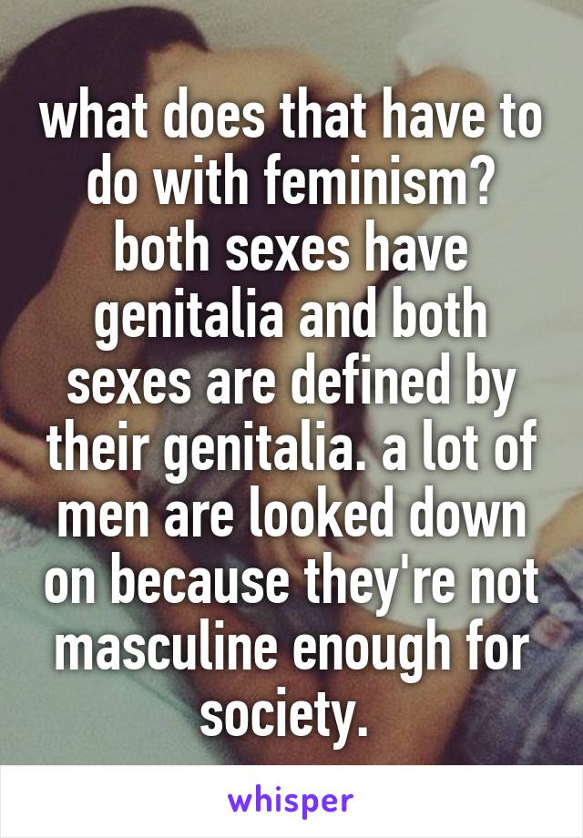 what does that have to do with feminism? both sexes have genitalia and both sexes are defined by their genitalia. a lot of men are looked down on because they're not masculine enough for society. 