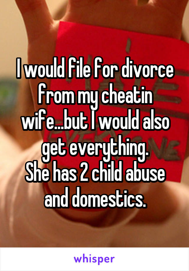 I would file for divorce from my cheatin wife...but I would also get everything.
She has 2 child abuse and domestics.