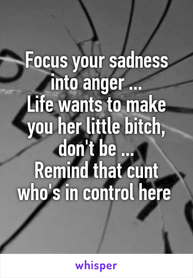 Focus your sadness into anger ...
Life wants to make you her little bitch, don't be ...
Remind that cunt who's in control here 

