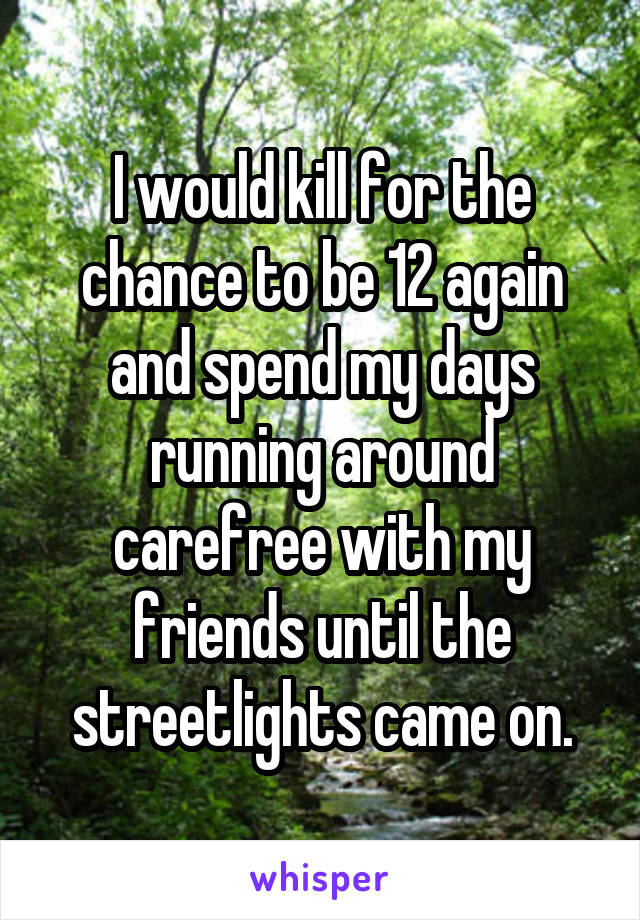 I would kill for the chance to be 12 again and spend my days running around carefree with my friends until the streetlights came on.