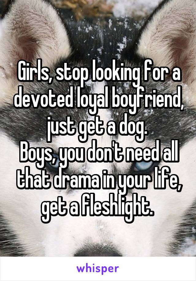 Girls, stop looking for a devoted loyal boyfriend, just get a dog. 
Boys, you don't need all that drama in your life, get a fleshlight. 