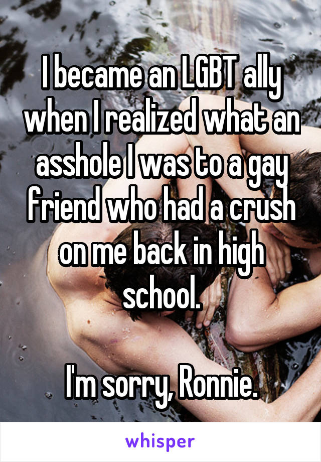 I became an LGBT ally when I realized what an asshole I was to a gay friend who had a crush on me back in high school.

I'm sorry, Ronnie.