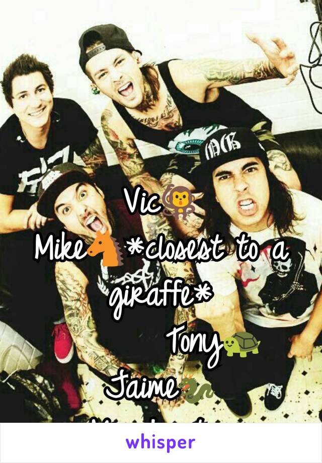 Vic🐒
Mike🐴*closest to a giraffe*
       Tony🐢
Jaime🐉
= Misadventures