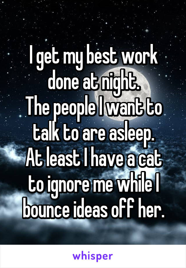 I get my best work done at night.
The people I want to talk to are asleep.
At least I have a cat to ignore me while I bounce ideas off her.