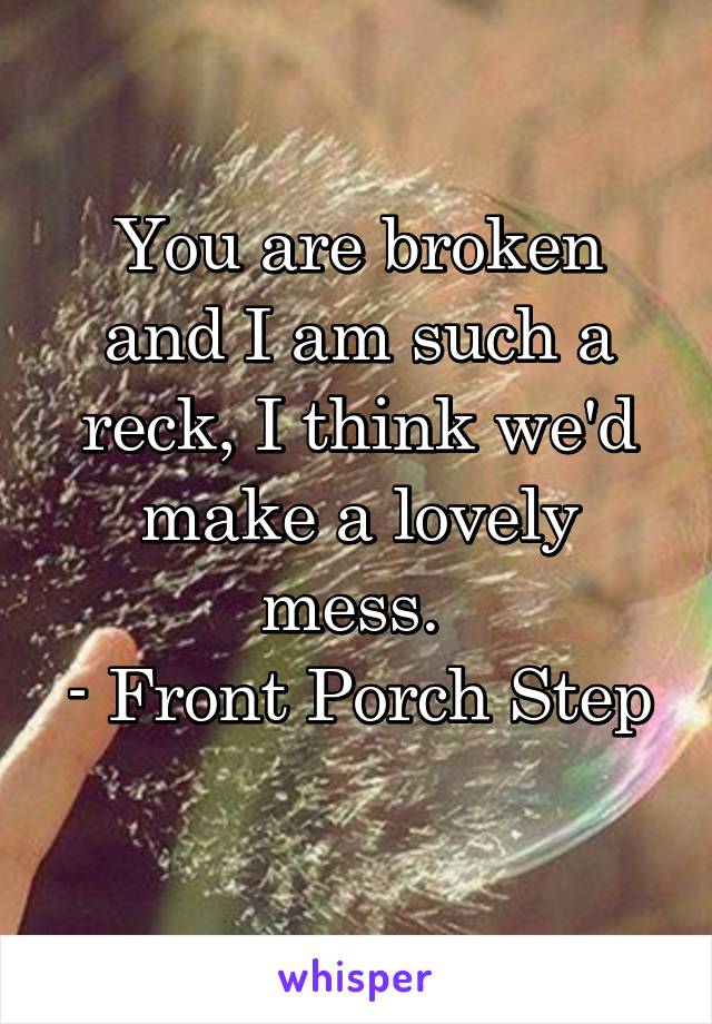 You are broken and I am such a reck, I think we'd make a lovely mess. 
- Front Porch Step 