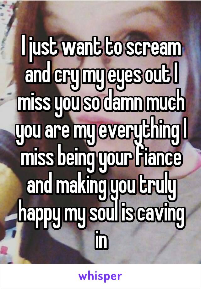 I just want to scream and cry my eyes out I miss you so damn much you are my everything I miss being your fiance and making you truly happy my soul is caving in