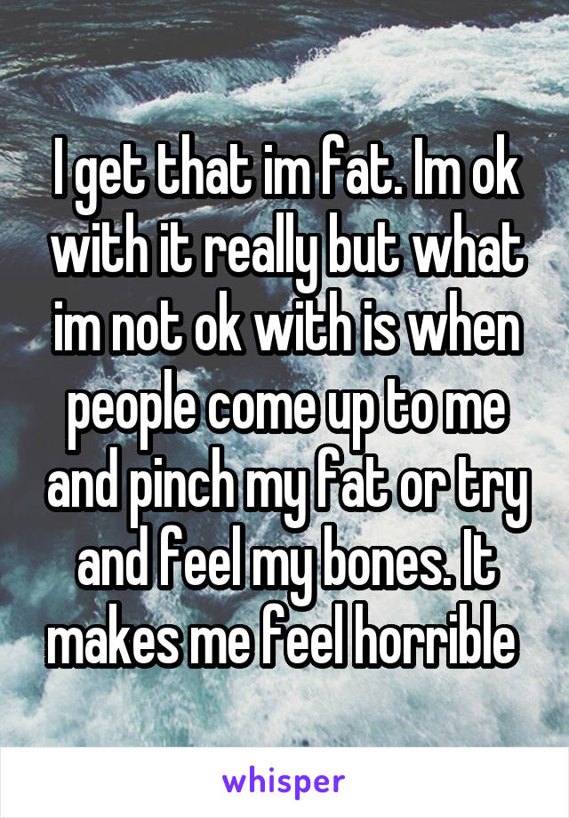 I get that im fat. Im ok with it really but what im not ok with is when people come up to me and pinch my fat or try and feel my bones. It makes me feel horrible 