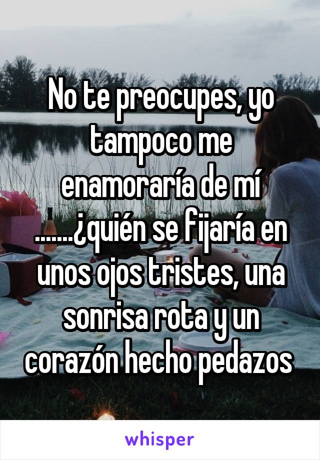 No te preocupes, yo tampoco me enamoraría de mí .......¿quién se fijaría en unos ojos tristes, una sonrisa rota y un corazón hecho pedazos 