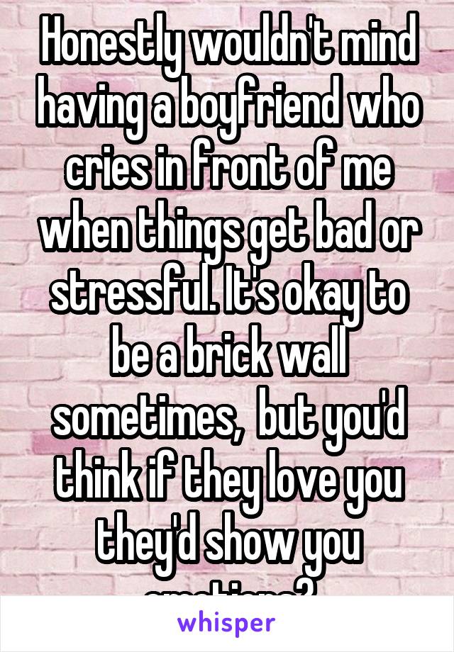 Honestly wouldn't mind having a boyfriend who cries in front of me when things get bad or stressful. It's okay to be a brick wall sometimes,  but you'd think if they love you they'd show you emotions?