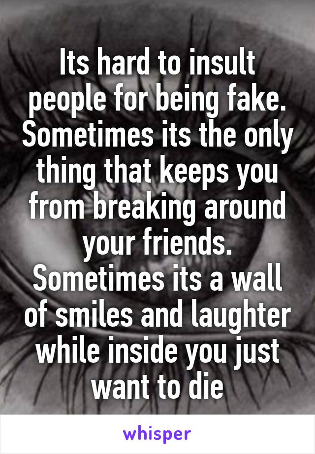 Its hard to insult people for being fake. Sometimes its the only thing that keeps you from breaking around your friends. Sometimes its a wall of smiles and laughter while inside you just want to die