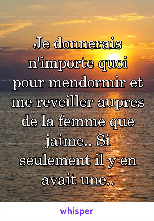 Je donnerais n'importe quoi pour mendormir et me reveiller aupres de la femme que jaime.. Si seulement il y en avait une..