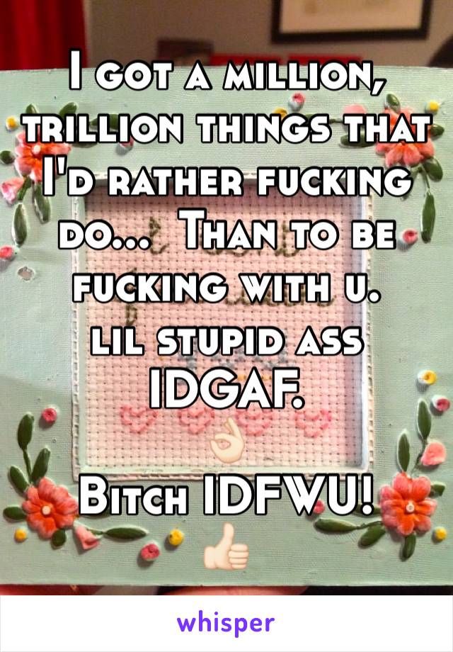 I got a million, trillion things that I'd rather fucking do...  Than to be fucking with u. 
lil stupid ass IDGAF. 
👌🏻
Bitch IDFWU! 
👍🏻
