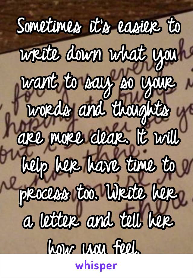 Sometimes it's easier to write down what you want to say so your words and thoughts are more clear. It will help her have time to process too. Write her a letter and tell her how you feel. 