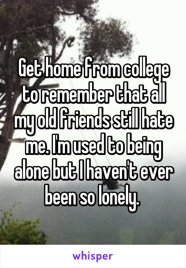 Get home from college to remember that all my old friends still hate me. I'm used to being alone but I haven't ever been so lonely. 